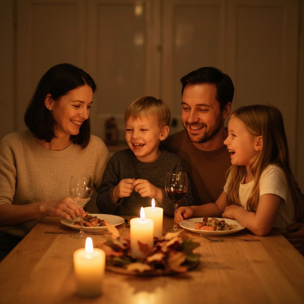 Family gathering around dinner table